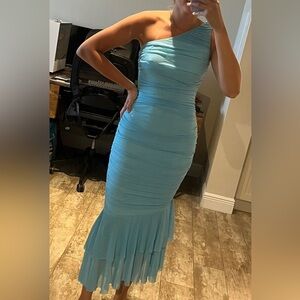 HELLO MOLLY IN THE TWILIGHT ONE SHOULDER MESH MAXI DRESS BLUE SIZE M